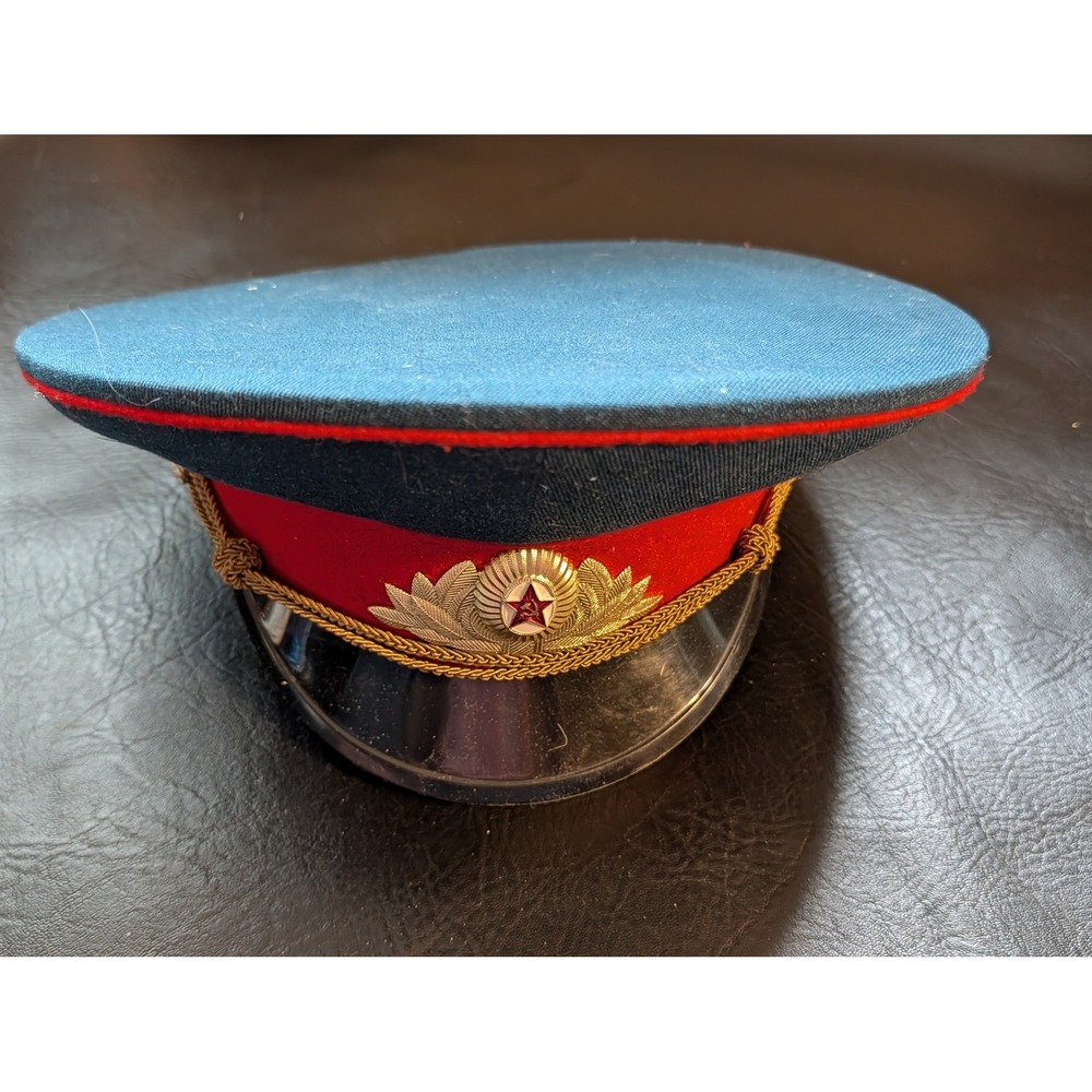 Vintage Soviet Russian Military Officer Visor Cap Blue Red Star Size 58 Hat